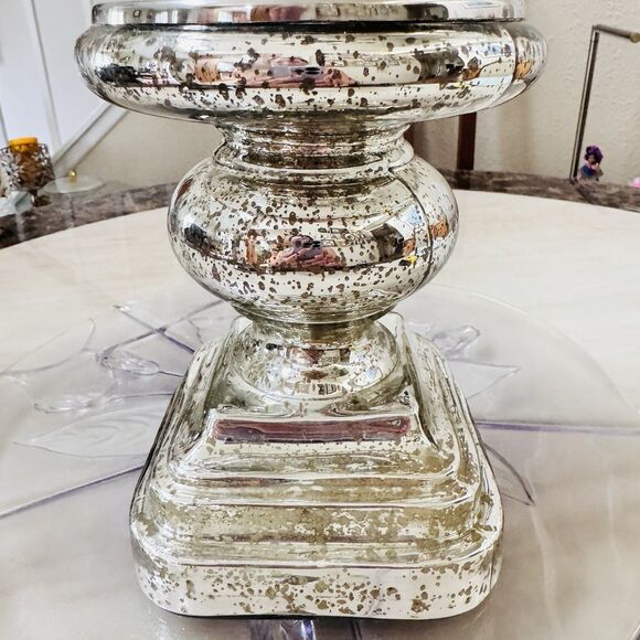 Pottery Barn Antique Mercury Glass Pillar Candle Holder 7"x 4 3/4” Small Mint - Picture 2 of 9